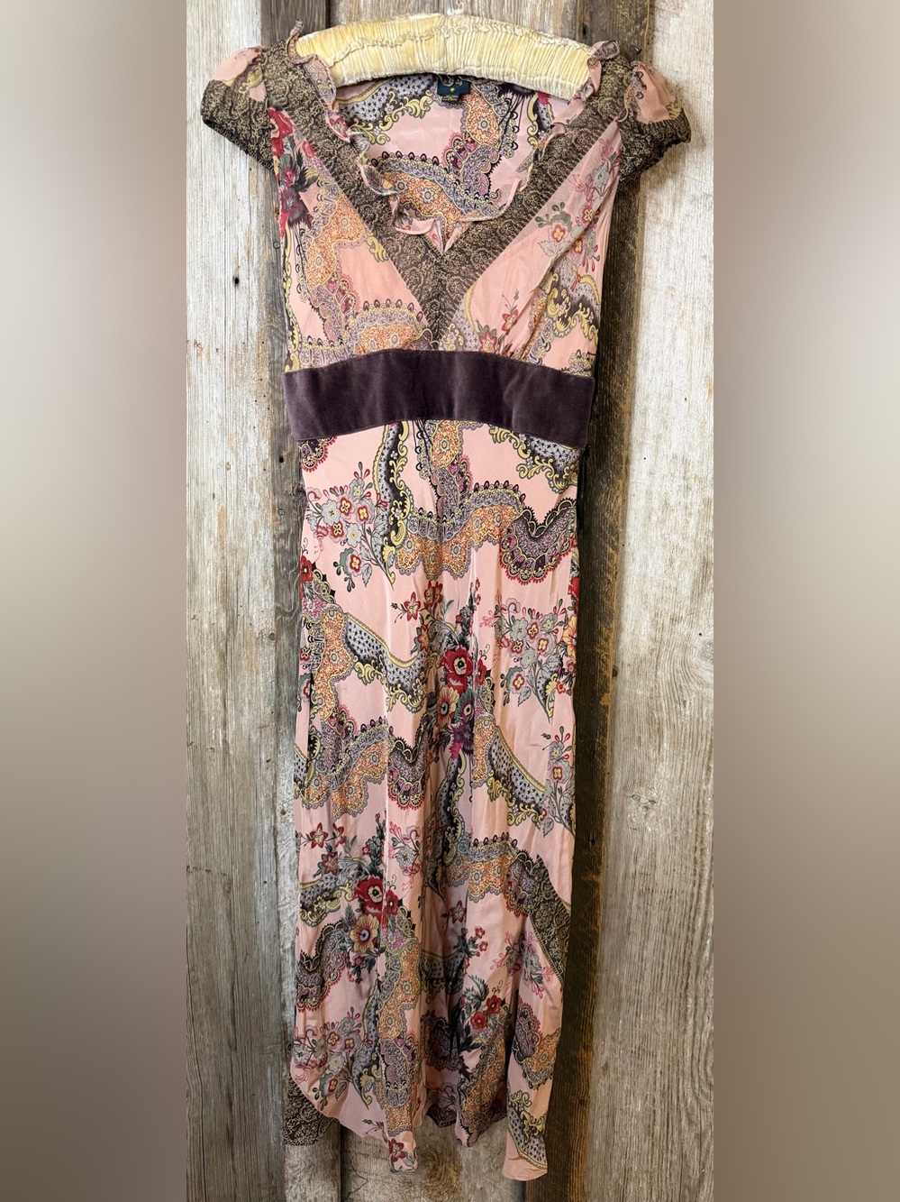 VTG Y2K 100% Silk Boho Paisley Midi Dress Empire Waist Cottagecore Romantic Sz10